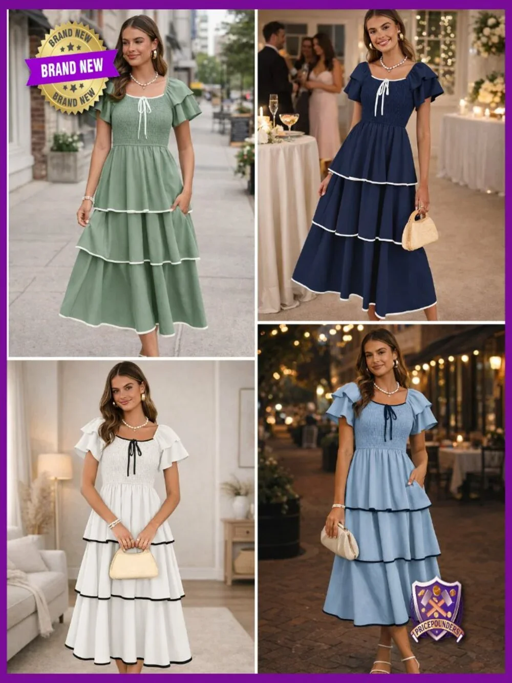 Smocked Tiered Midi Dress Square Neck Ruffle Short Sleeve Boho Flowy Guest - Picture 7 of 7
